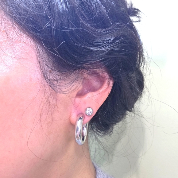 Silver toned puffy hoop huggie clip on retractable comfort Earrings - Picture 9 of 11